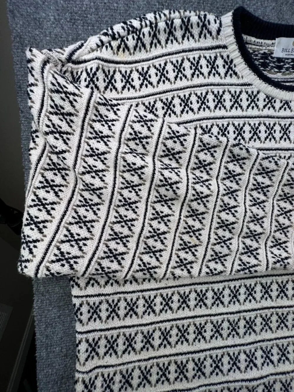 VTG Bill Blass Sweater Fair Isle Hand Framed USA Grandpa Blue White XL (1X) Men